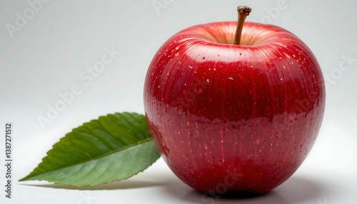 Fresh Juicy Apple with Leaf Isolated on Clean White Background

