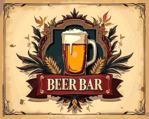 A vibrant beer bar graphic showcases a golden mug of beer topped with foam, surrounded by decorative plants and ornate designs in a warm, vintage color palette.