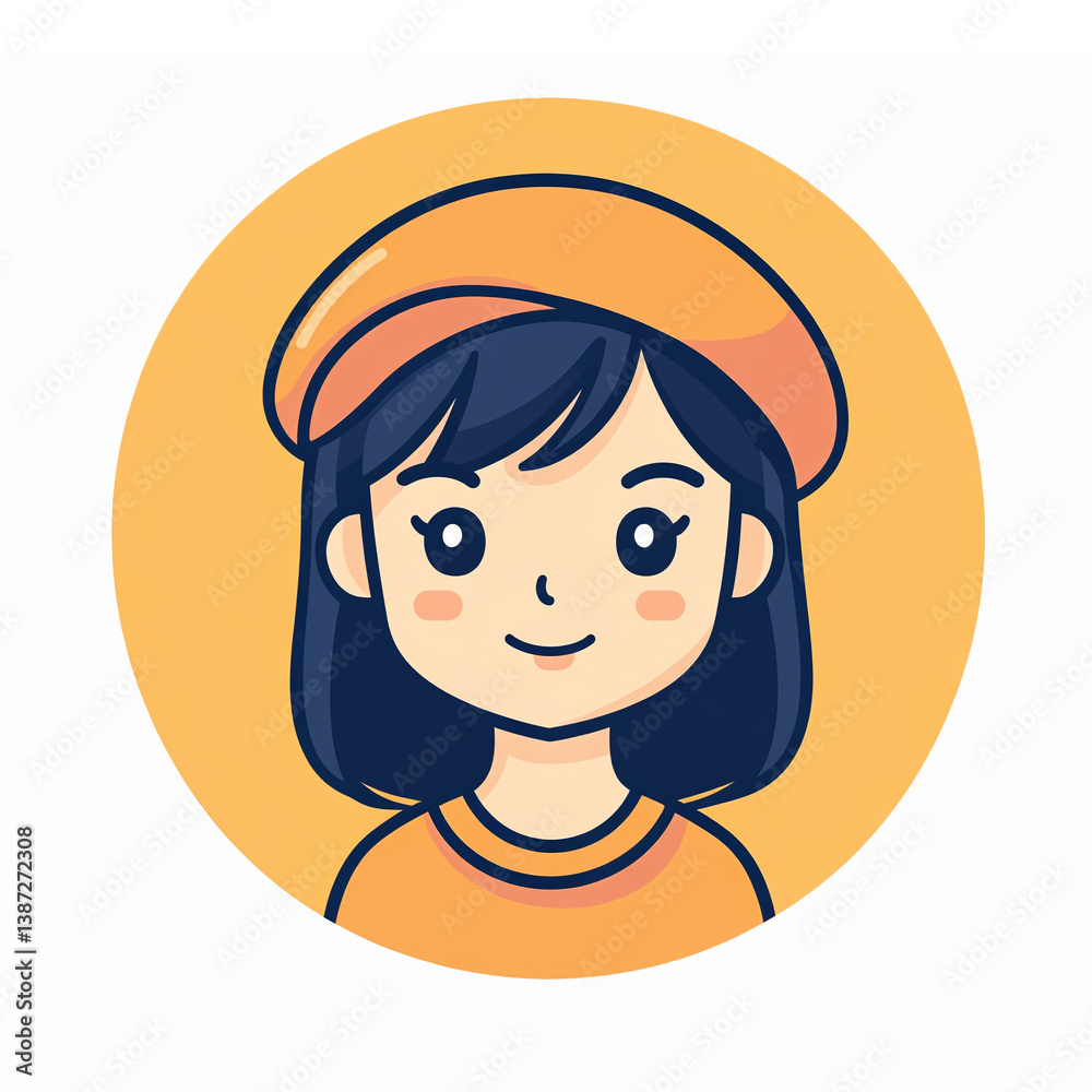 Cheerful Young Girl Character with Orange Beret and Shirt on Bright Background Cheerful Young Girl Character with Orange Beret and Shirt on Bright Background