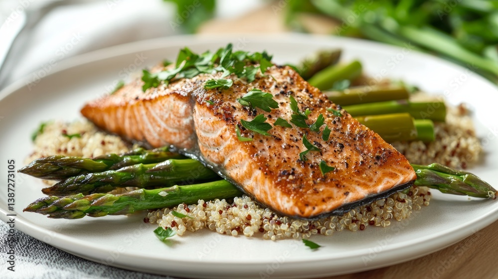 A delicate serving of seared salmon with asparagus and quinoa. Featuring health and elegance A delicate serving of seared salmon with asparagus and quinoa. Featuring health and elegance