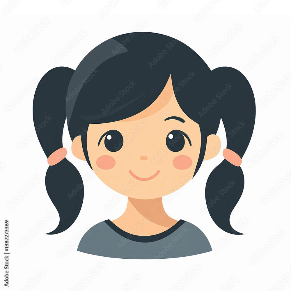 Cute Girl Character with Pigtails Smiling Vector Illustration for Children Related Designs Cute Girl Character with Pigtails Smiling Vector Illustration for Children Related Designs