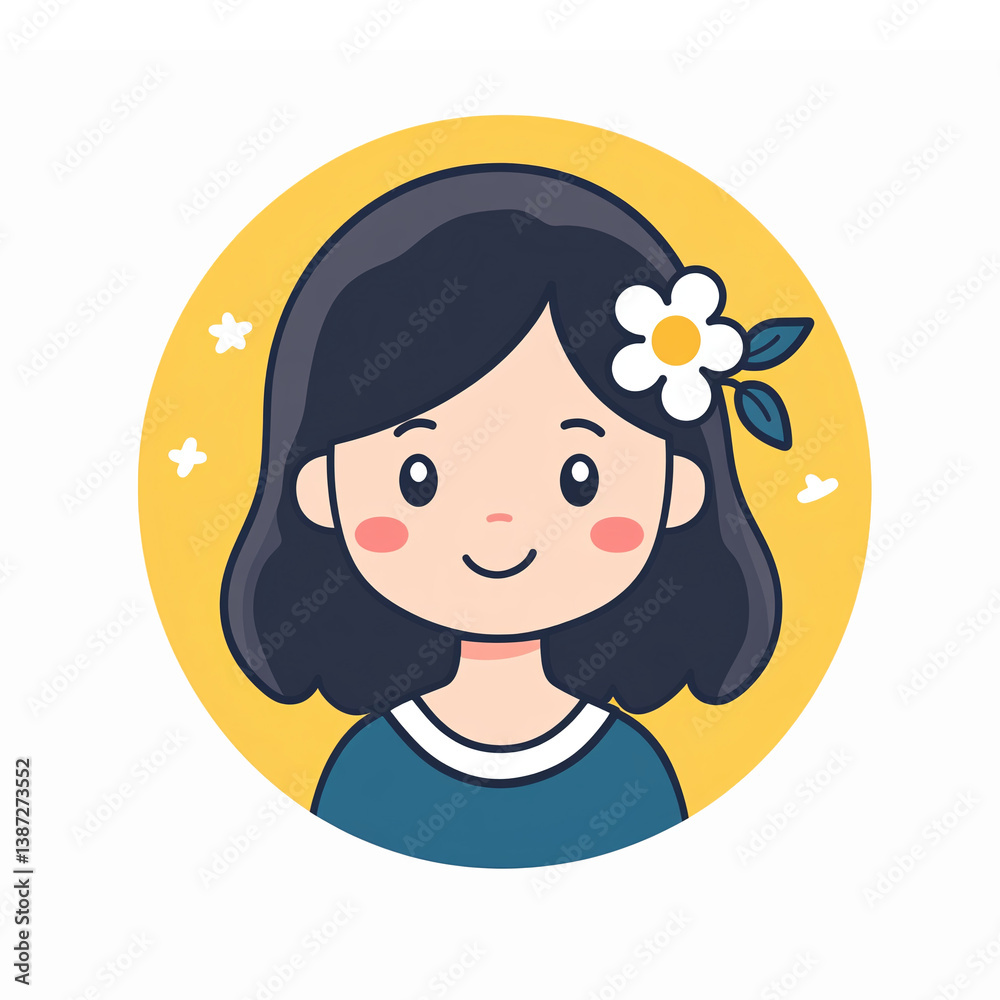 Cheerful Girl Character with Flower in Hair on Yellow Background for Kids Designs Cheerful Girl Character with Flower in Hair on Yellow Background for Kids Designs