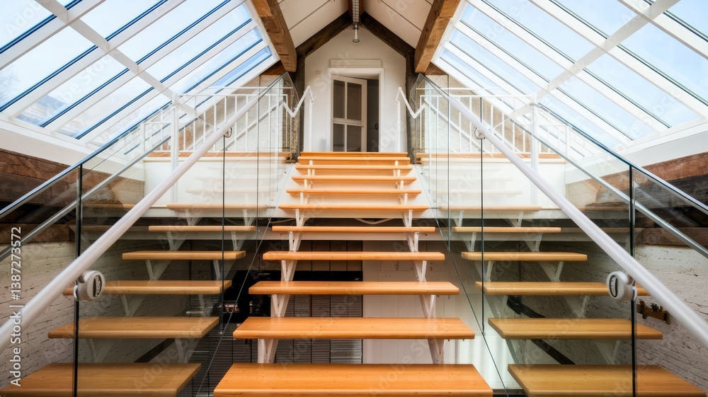 Fototapeta premium Architectural Interior: Modern staircase design with wooden steps, glass railings, and a bright skylight, creating an airy and open space.