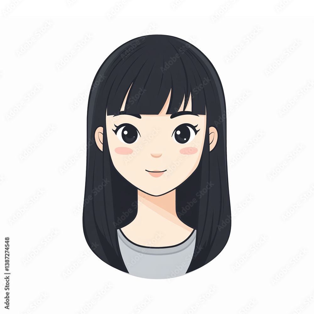Cute Cartoon Girl Character with Black Hair and Friendly Expression for Social Media Avatars Cute Cartoon Girl Character with Black Hair and Friendly Expression for Social Media Avatars