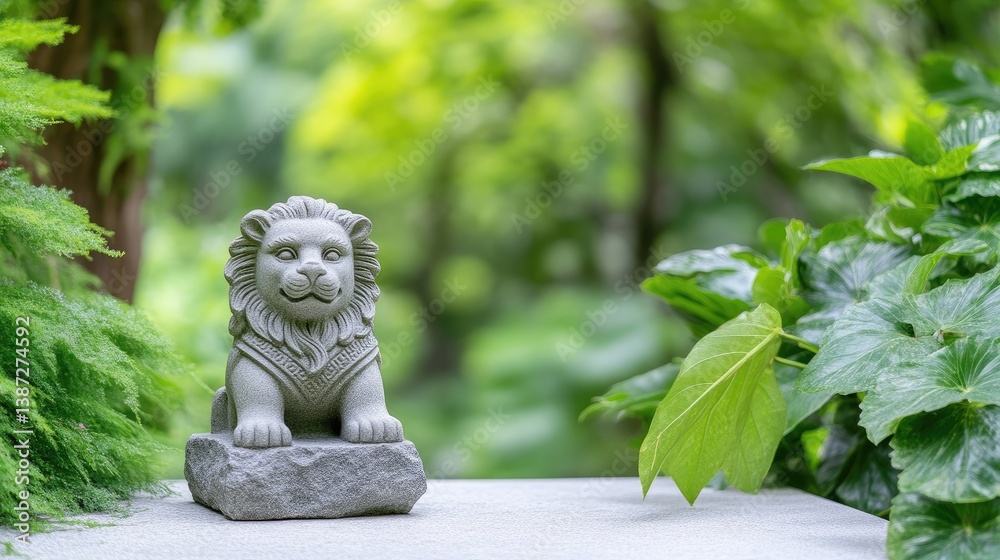 Fototapeta premium Small stone lion statue sits on a concrete ledge surrounded by lush green garden foliage during daytime.