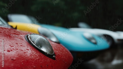 Classic sports cars in the rain. Close-up of headlights