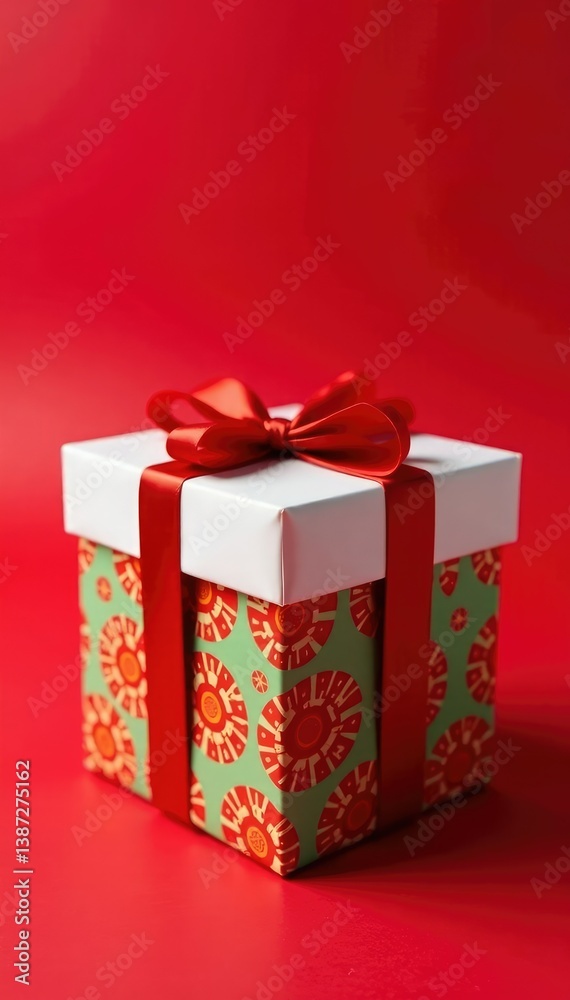 Obraz premium Colorful gift box sits atop a crimson background, decorated box, red ribbon white gift box, holiday
