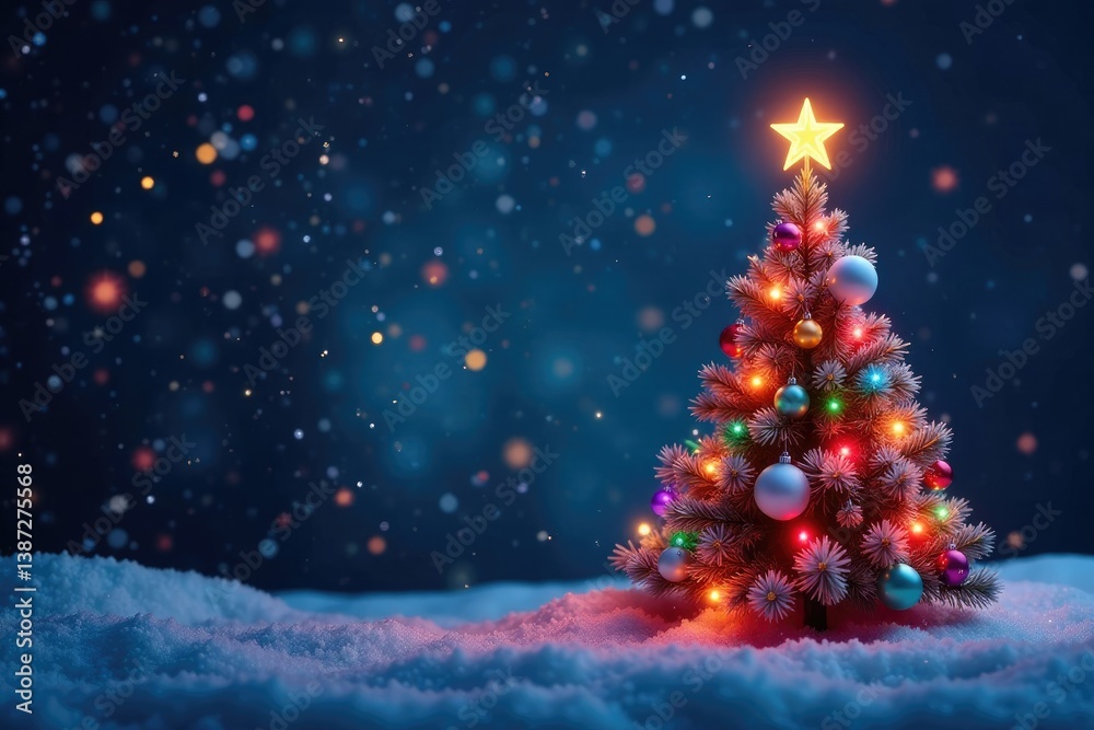 Colorful stars and shapes create a whimsical Christmas tree scene, tree, stars Colorful stars and shapes create a whimsical Christmas tree scene, tree, stars