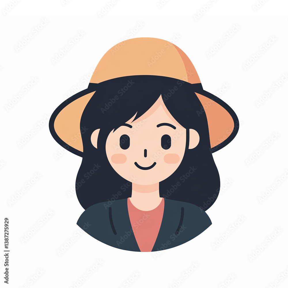 Friendly Young Woman with Black Hair Wearing a Hat and Smiling in Vector Illustration Friendly Young Woman with Black Hair Wearing a Hat and Smiling in Vector Illustration