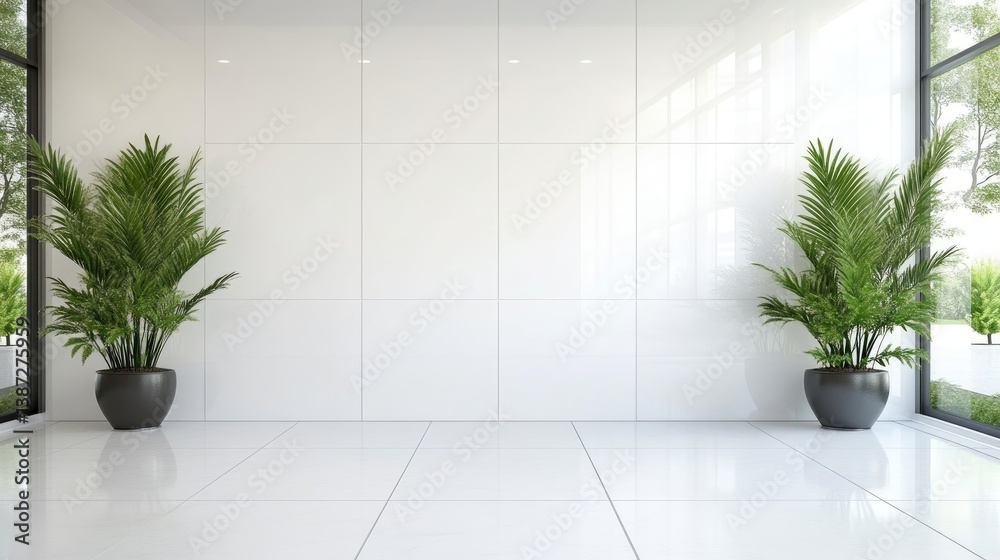 Fototapeta premium Modern, minimalist interior design with large windows and plants