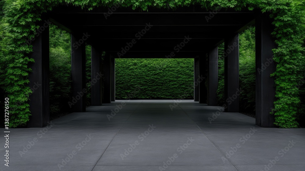 Naklejka premium Modern dark concrete pergola covered in green ivy leads to a manicured hedge in a minimalist garden.