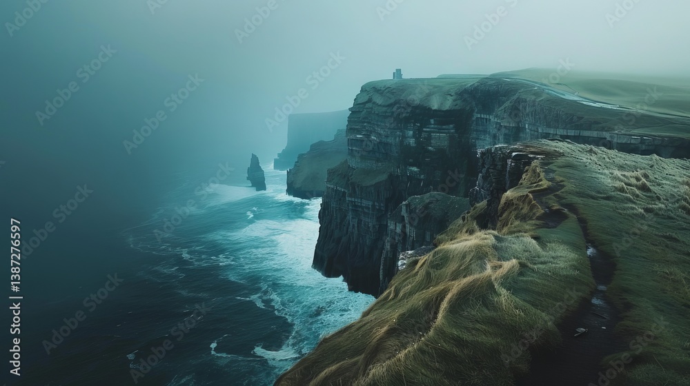 Dramatic sea cliffs with lush green landscape and ocean view at cliffs of moher in county clare, ireland