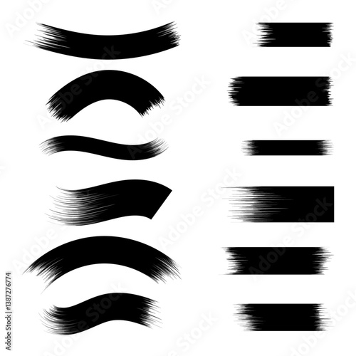 Set of grunge black paint and ink brush strokes includes textured lines and brushes with a rough, dirty effect. Perfect for adding a bold, distressed look to your designs. Grunge vector brush set.