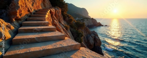Escalera de piedra ascendiendo con luz del atardecer, piedra, escalera, mar