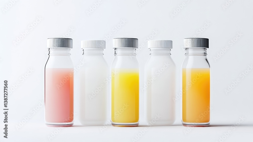Five glass bottles with metallic caps contain various juices. Two bottles hold orange and pink liquids two are empty. The bottles are arranged in a row against a white background. The image is clean Five glass bottles with metallic caps contain various juices. Two bottles hold orange and pink liquids two are empty. The bottles are arranged in a row against a white background. The image is clean