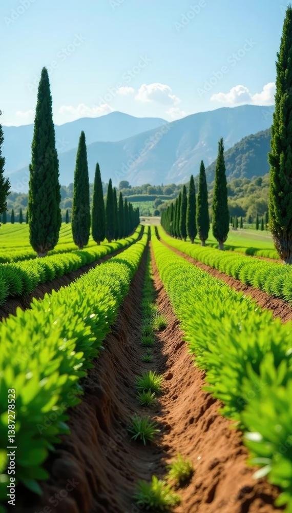 Naklejka premium Greenhouse rows in Almeria fields with cypress trees, agricultural scenery, almeria, agricultural land