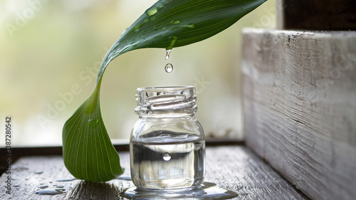Fresh green leaf with water droplets falling into a glass bottle, symbolizing purity and natural essence.