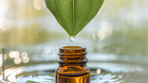 Fresh green leaf with water droplets falling into a glass bottle, symbolizing purity and natural essence.