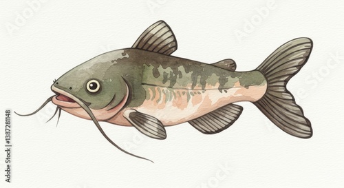 Watercolor illustration of catfish fish swimming underwater, artistic design for seafood restaurant menu, aquatic wildlife educational information card, biology study material