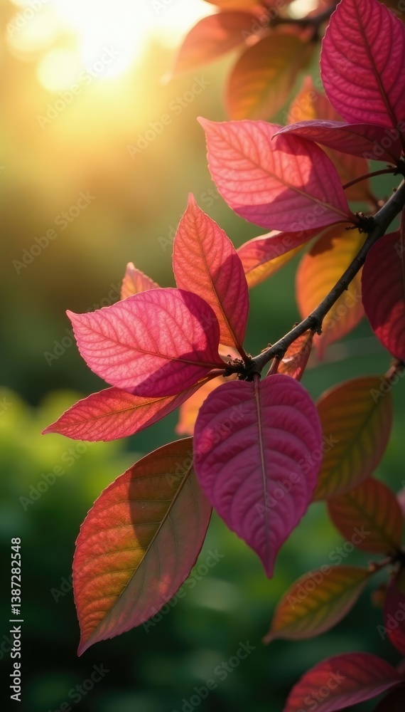 Obraz premium Pink chaulmoogra leaves against a backdrop of bright sunlight, botanical, foliage, tree