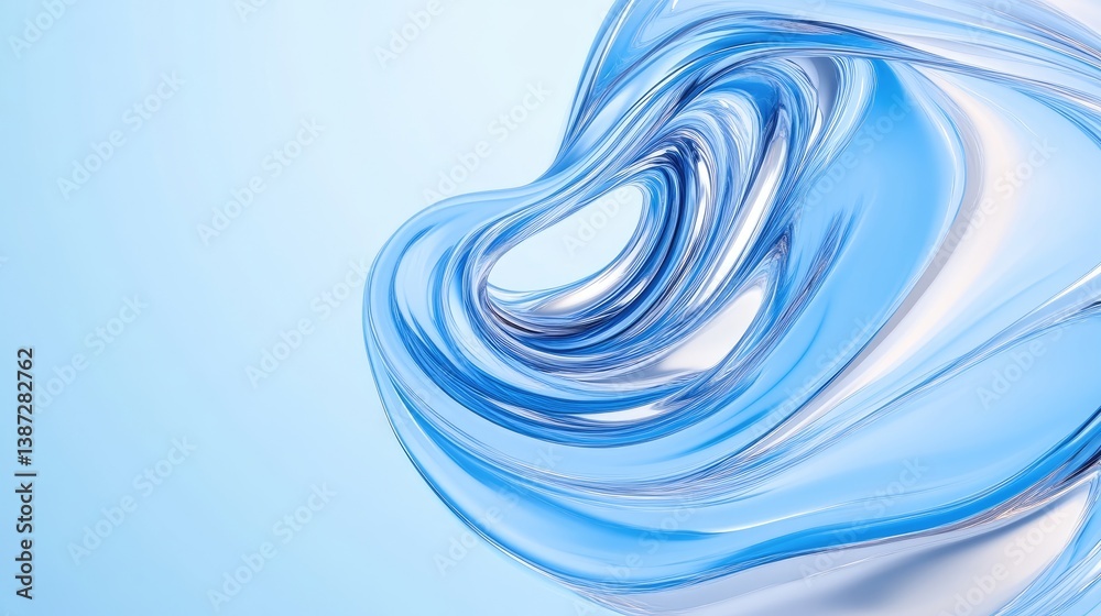 Abstract fluidic form, swirling, translucent, light blue, and light gray colors. Dynamic, smooth, flowing design, with a sense of movement