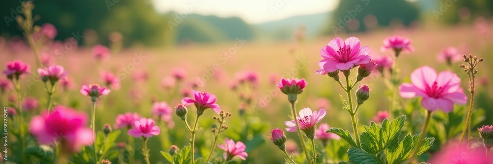Obraz premium Pink geranium flowers in a field of wildflowers, pink, botanical, landscape