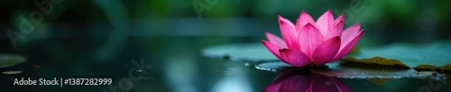 Pink lotus flower growing out of the muddy bottom of a dark blue pond, lotus flower, flowers