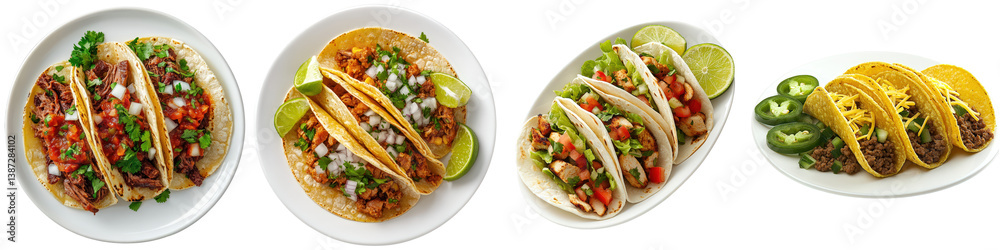 Four plates of delicious tacos with diverse fillings. Four plates of delicious tacos with diverse fillings.
