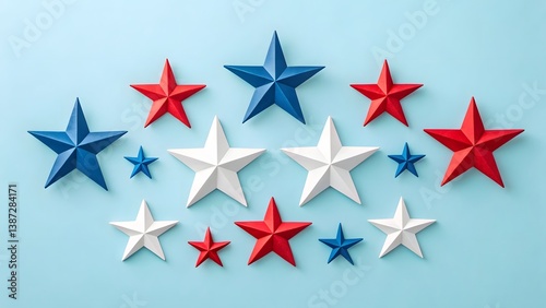Decorative Stars in Red, White, and Blue Arranged on a Light Blue Background for Festive Occasions