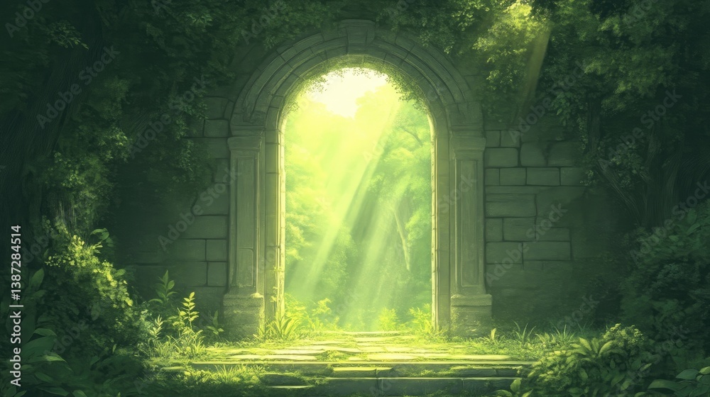 Obraz premium Lush overgrown archway leading to a sunlit path