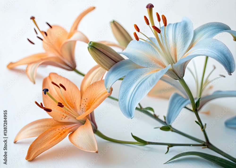 Fototapeta premium Soft orange and blue light bathes serene white lilies, a captivating floral photograph.