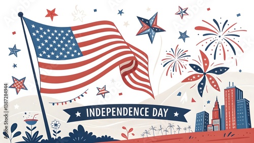 Celebrating Independence Day With Fireworks, Flags, and Festive Decorations in a Vibrant Urban Setting