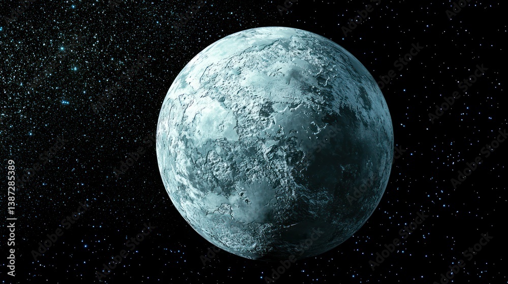 A frozen planet covered in glaciers, orbiting a faint star. A frozen planet covered in glaciers, orbiting a faint star.