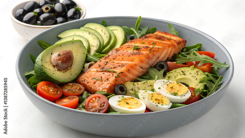 Fresh Salmon Salad Bowl with Avocado and Cherry Tomatoes – Healthy Minimalist Food Styling Fresh Salmon Salad Bowl with Avocado and Cherry Tomatoes – Healthy Minimalist Food Styling