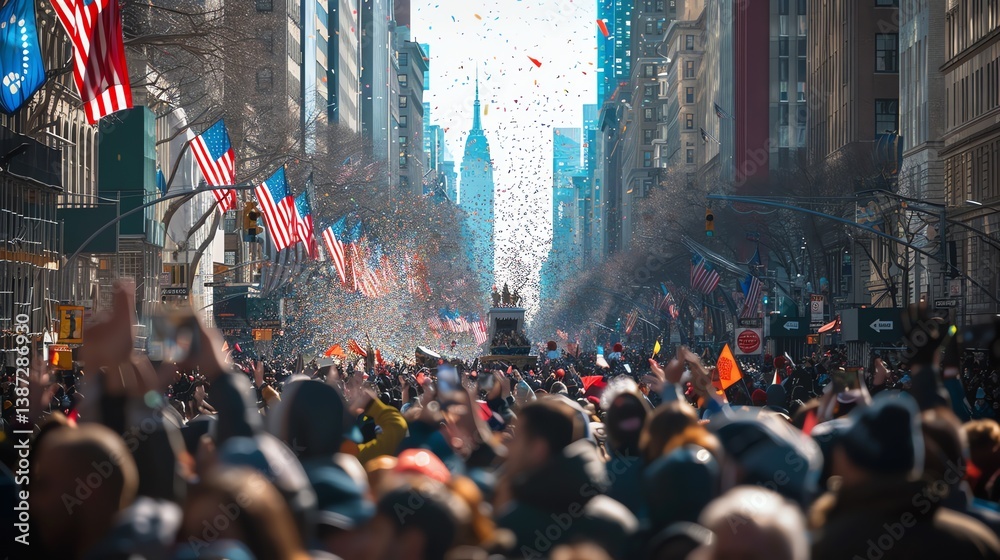 Obraz premium Crowds of people line the streets of a city during a parade. The buildings are tall and the confetti falling from the sky.