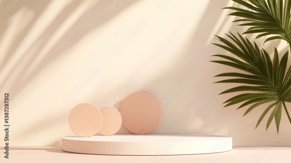 Fototapeta premium Minimalist Beige Display Podium with Tropical Leaf