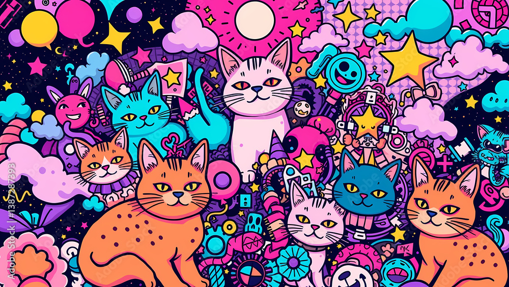 Naklejka premium A delightful illustration of colorful cats surrounded by stars, clouds, and whimsical designs.