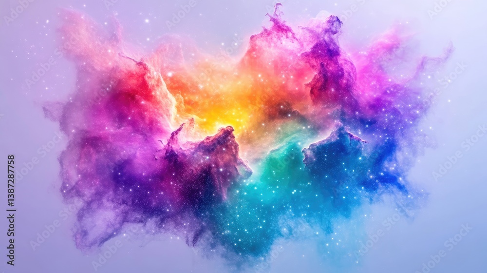 Fototapeta premium A vibrant nebula dominates the image, showcasing swirling colors and textures. The composition is centered, with a soft, light purple background. High-quality digital artwork with excellent resoluti