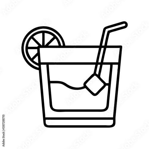 Refreshing cocktail drink with lemon slice and straw vector illustration line art icon design  char