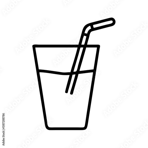 Glass of water with straw vector illustration drink beverage refreshment liquid hydration icon simple line art