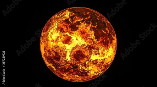 A molten planet covered in lava flows and active volcanoes.