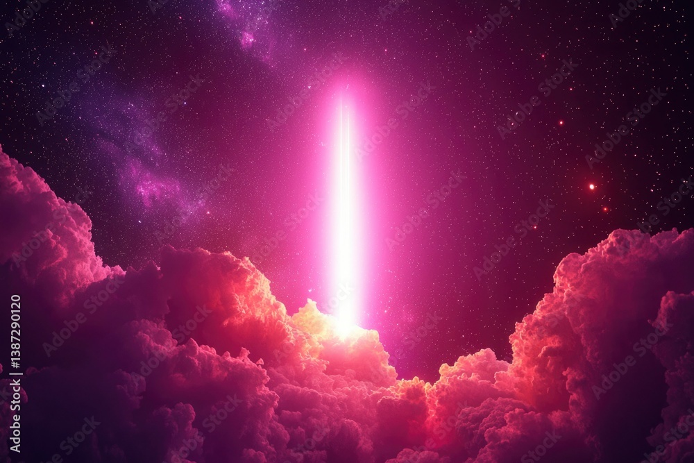 Fototapeta premium Pink light beams from clouds in space, cosmic, fantasy, religious or artistic