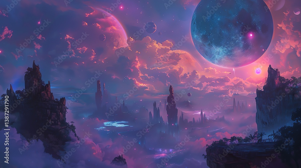 Obraz premium Fantasy landscape with floating islands, mountains and a pink sky.