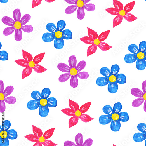 Seamless floral pattern with red, blue and purple flowers isolated on a transparent background. PNG. Good for textile, wrap, paper and card design.	