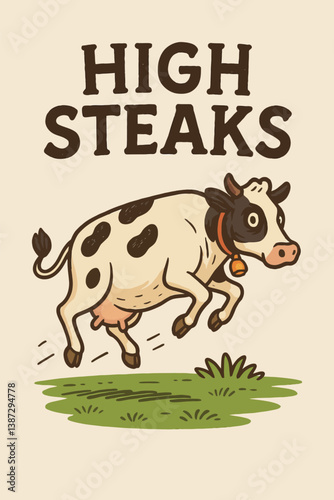 Playful Cow Jumping Over Green Grass Vector Illustration Art