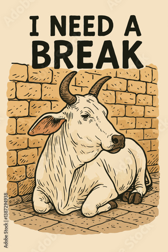 Resting Cow Needs Break Cartoon Illustration with Brick Wall Background