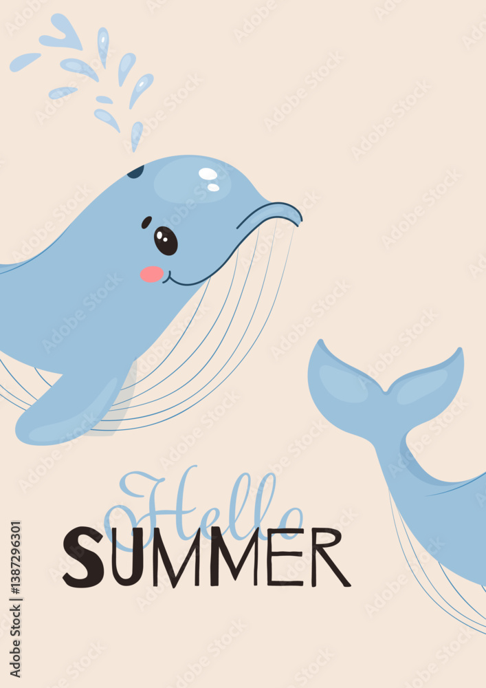 Naklejka premium whale cartoon summer illustration cute ocean splash water marine hello smiling blue