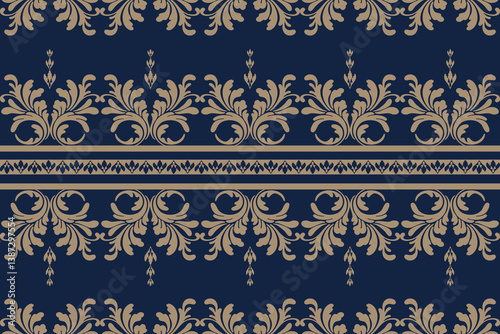 vintage background with gold ornament, Damask Elegant Gold Floral Pattern on Navy Blue Background