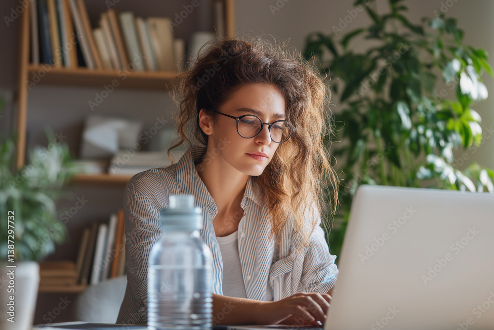 Fototapeta premium Junge Frauen trinken Wasser beim Arbeiten im Homeoffice