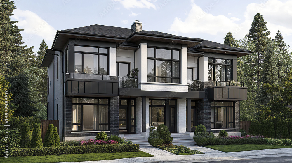 Modern black and white semi detached home with large windows